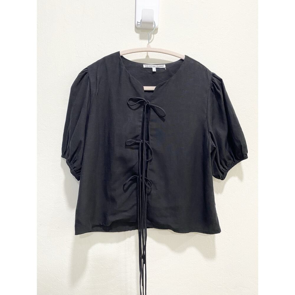 The Editor's Market Black Front Tie Bow Top S Puff Sleeve Coquette Balletcore